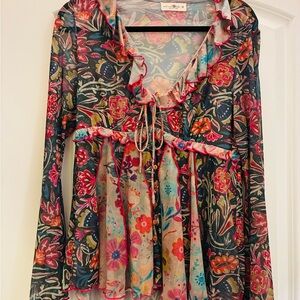 NATURAL LIFE Floral Ruffle-Tiered V-Neck Tunic - Black, Pink, Teal, Cream